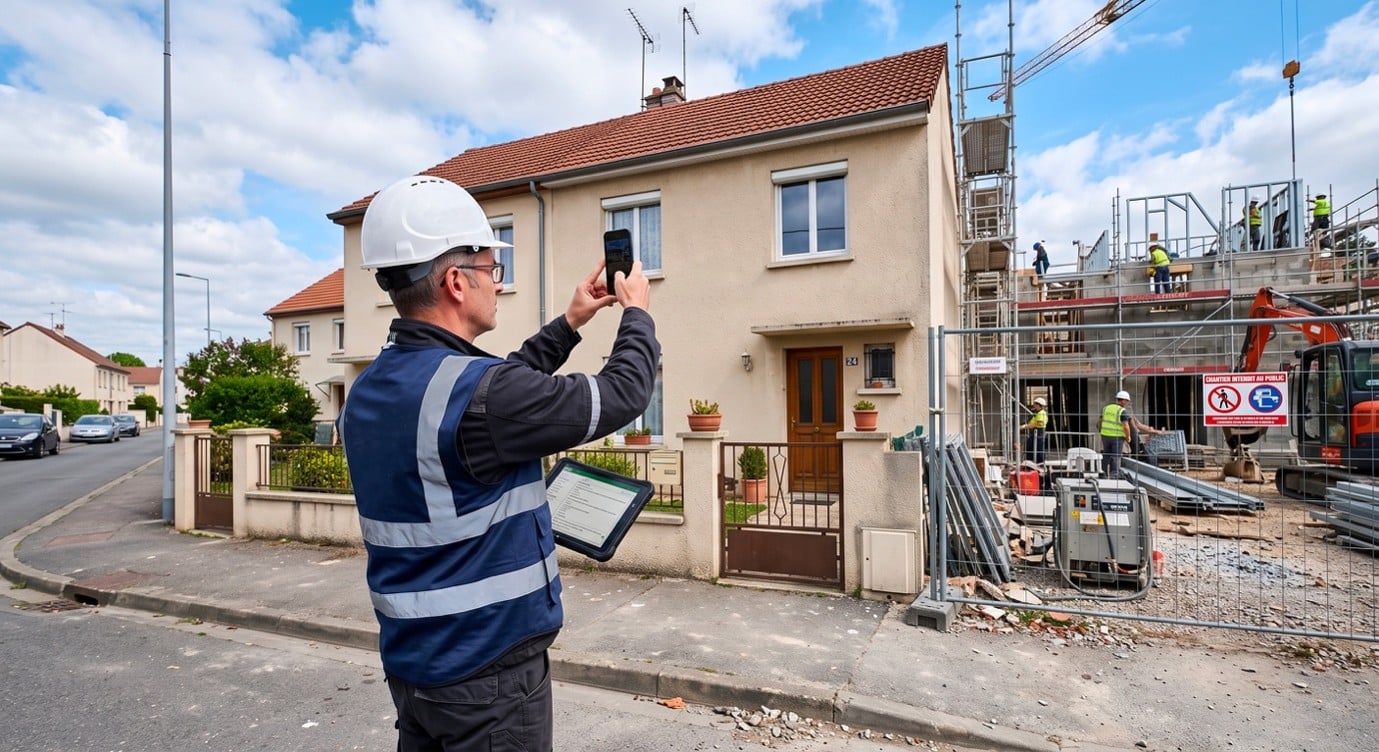 Constat avant travaux : commissaire de justice relevant l'état des avoisinants avant ouverture de chantier