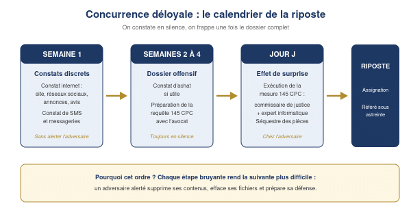 Calendrier de la riposte en concurrence déloyale : constats discrets, constat d'achat et requête 145 CPC, exécution de la mesure, puis action judiciaire