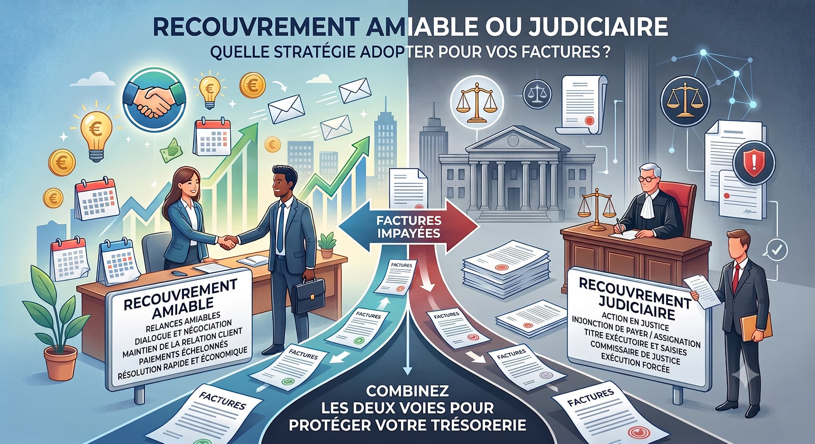 Recouvrement amiable ou judiciaire ? Coûts, délais, efficacité : le comparatif des deux voies et les critères pour choisir, par une étude de commissaires de justice.